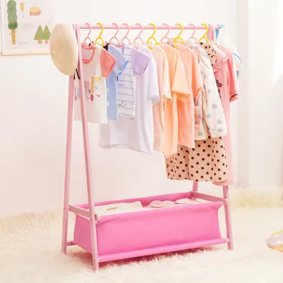 Produktbild von Yorbay Kinder Kleiderregal Kleiderständer für Kinder aus Bambus Garderobenständer mit Aufbewahrungsbox für Baby & Kleinkinderzimmer, Mädchen & Jungs
