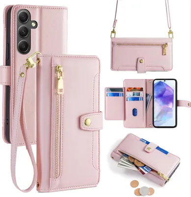 Produktbild von Handykette Samsung Hülle mit Band Handyhülle Kartenfächer Kunstleder Umhängetasche Galaxy A55 Rosa