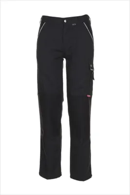A pair of black work pants is shown against a white background.