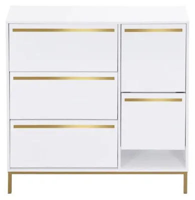 Productafbeelding van Schoenenkast met Zitbank - Voor 15 tot 22 Paar Schoenen - 105 × 115.5 × 25 cm - Wit en Goud