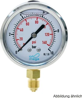 Produktbild von Profec Manometer 0 - 10 bar, Glyzeringefüllt, Ø 63 mm, 1/4 Zoll Anschluss nach unten Radial, Überdruck-Manometer