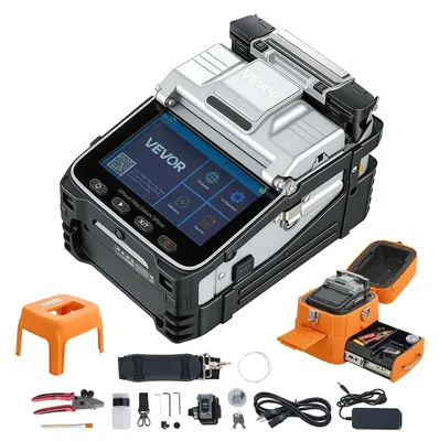 Imagen del producto de VEVOR, máquina de fusión de fibra óptica de 6 motores, con óptica de ajuste de núcleo, pantalla LCD digital de 10,16 cm, almacenamiento de imágenes, soporte óptico de fibra con enfoque automático 3 en 1 y kit de pelado. Tiempo de fusión: 5-6 segundos. Tiempo de calentamiento: 9-25 segundos