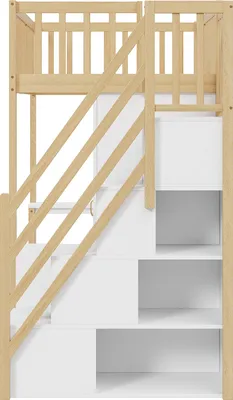 Produktbild von Merax Etagenbett 90x200cm mit Kleiderschrank, Hochbett mit Schreibtisch und Regal, Kinderbett mit Stauraumtreppe und Rausfallschutz, Holz Stockbett