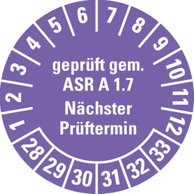 Produktbild von Dreifke® Prüfplakette  gemäß ASR A1.7, 28-33, violett, Dokumentenfolie...