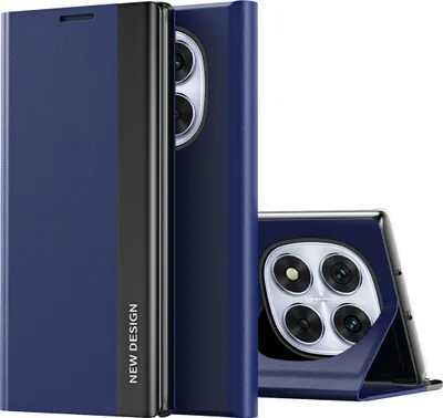 A navy blue flip case for a smartphone, shown from multiple angles.