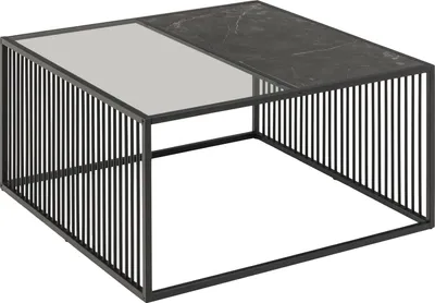 Zdjęcie produktu dla Stolik kawowy Strington 80x80 cm szklany w kolorze dymu, dekor z czarnego marmuru.