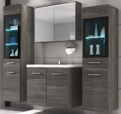 A modern bathroom vanity set with cabinets and a mirror.