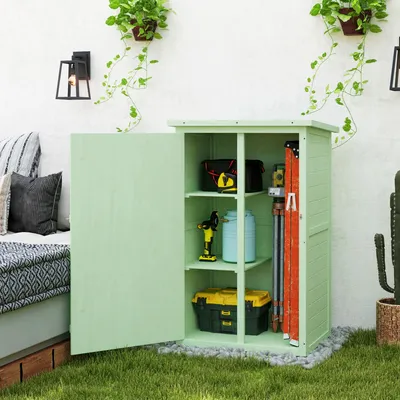 Produktbild von Gartenschrank Holz, Geräteschuppen abschließbar, Tannenholz, Grün | 75x56x115 cm | Pultdach, Bodenplatte, Ablage | 17 kg