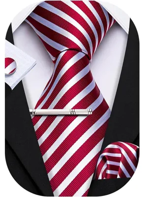 Productafbeelding van Herenset met stropdassen: zijde, paisley-print, rood-wit gestreept. Inclusief zakdoek, manchetknoopjes en stropdasklem