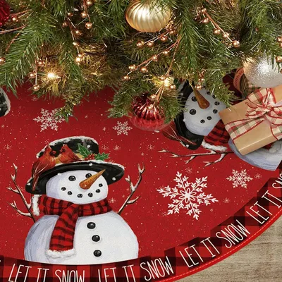 Image de Nappe ronde pour sapin de Noël, diamètre 120 cm, rouge et blanc, motif bonhomme de neige, en polyester