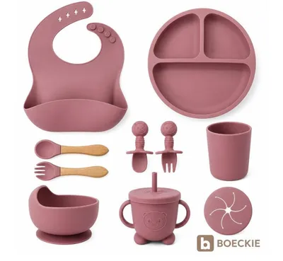 Produktbild von BOECKIE Silikon Babygeschirr Set 9-teilig mit Saugnapf BPA-frei Rosa