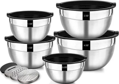 Produktbild von Salatbehälter-Set aus Edelstahl mit luftdichtem Deckel - 4,5L, 2,7L, 1,6L, 1,1L, 0,7L
