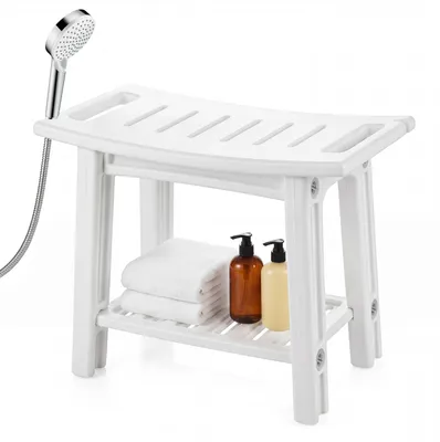 Productafbeelding van COSTWAY Douchekruk, HDFE, Douchestoel 56x31,5x45cm, Badkruk met 2 niveaus, opbergruimte, douchekophouder en gebogen zitvlak, badkamerkruk geschikt tot 150 kg