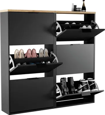 Produktbild von Planetmöbel Schuhschrank schmal 2 x 3 Klappen Schuhregal mit 6 Ablagen, schwarz