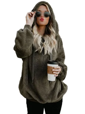 Produktbild von Frauen Casual Hoodie Pullover Langarm Teddybär Kapuze Fluffy Fleece Sweater,Farbe:Grün,Größe:3Xl