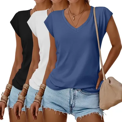 Produktbild von Set mit 3 V-Ausschnitt-T-Shirts für Damen, lässige Oberteile