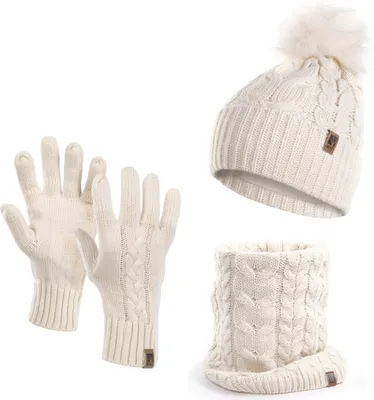 Produktbild von Damen Wintermütze Schlauchschal Handschuhe 3 teiliges Set | Warme Winter Mütze Schal Winterhandschuhe Beanie gefüttert beige