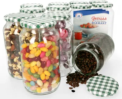 A collection of glass jars filled with various items, including nuts, jelly beans, and coffee beans, with a product label in the background.