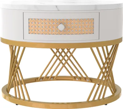 Produktbild von Merax 2er Set Couchtisch in Marmoroptik mit Regal Rund Ø70 x 45cm und Ø50 x 38.5cm, Beistelltisch mit Schublade und goldenen Metallrahmen, Wohnzimmetisch Sofatisch
