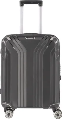 A gray Travelite trolley suitcase is shown from the front.