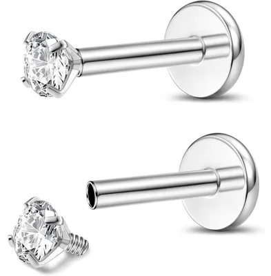 Immagine prodotto di Set da 2 piercing labret Titan, filettatura interna 16G, lunghezza 6mm, con pietra di zirconio CZ da 3mm, disponibili in argento o oro