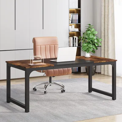 Productafbeelding van Bureau 160x80 cm, kantoorbureau voor 2 personen, computerbureau met metalen frame, zwart-bruin