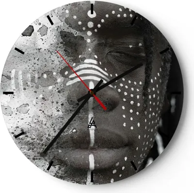 Produktbild von Wanduhr - Rund - Glasuhr - Afrikanisch Autochthon Gesicht - 30x30cm - Schleichendes Uhrwerk - Lautlos - zum Aufhängen bereit - Dekoration Modern - Wanddekoration aus Glas - C3AR30x30-4788
