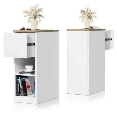 Produktbild von 2er Set Nachttisch Schmal Weiß 45x25x70cm mit Schublade und offenem Fach