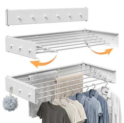 Image de Étagère à linge pliable à fixer au mur, séchoir mural résistant aux intempéries, porte-serviettes 100 cm, 6 barres, 30 kg, blanc