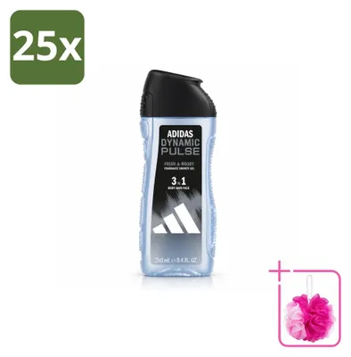 Imagen del producto de 25 unidades de gel de ducha Adidas Dynamic Pulse 3 en 1, 250 ml, pack ahorro
