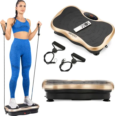 A collage of images showing a woman using a vibration plate, the vibration plate itself with accessories, and a side view of the vibration plate.