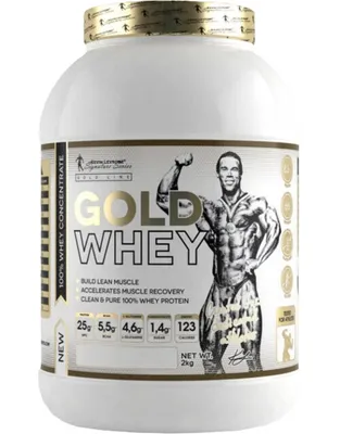 A white tub of Kevin Levrone Gold Whey protein powder with a muscular man posing on the label.