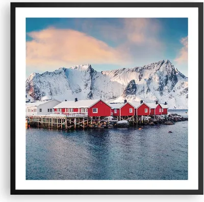 Produktbild von Gerahmtes Poster - Schwarzer Rahmen - Lofoten Dorf Angeln - 60x60 cm - Wand Bild - Wanddeko - Wandbilder - Kunstposter - Wandposter - Bilderrahmen - Bilder - Kunstdruck - P2BAC60x60-4762