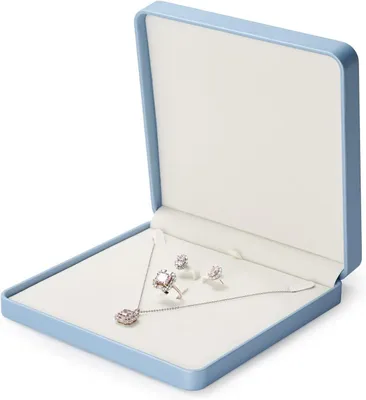 Produktbild von Schmuckbox aus blauem Kunstleder, groß, mit Samt-Innenfutter, für Halsketten und Armbänder