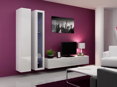 Produktbild von Wohnwand Wohnzimmer - Set Schrankwand VIGO 3A weiß / weiß Hochglanz 3tlg mit hängendem TV-Schrank und hängende Vitrine Hängeschrank 260cm breit