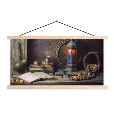Produktbild von MuchoWow® Textilposter Buch - Stilleben - Walnuss - Laterne - Vintage 60x30 cm mit holzfarbenen Rahmen - Dekoration