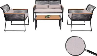 A garden lounge set consisting of a two-seater sofa, two armchairs, and a coffee table, displayed on a white background.