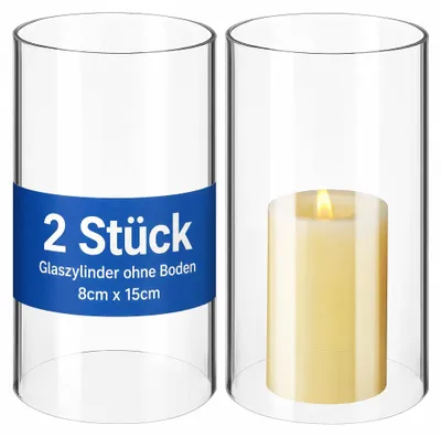 Glaskerzenhalter, 2 Stück, transparent, Zylinder, 15 x 8 cm