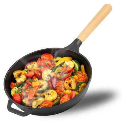 Produktbild von Gusseisen Pfanne 28 cm Schmorpfanne Bratpfanne mit Griff abschraubbar Höhe 4 cm Gußeisenpfanne Gusseisenpfanne alle Herdarten Induktion