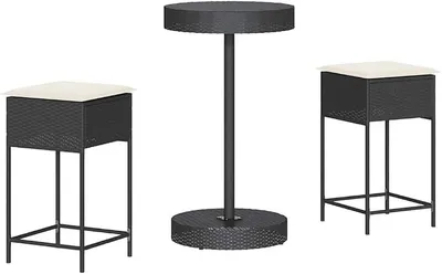 Produktbild von 3-TLG Gartenbar-Set mit Kissen Schwarz Poly Rattan - Modernes Stehtisch-Set mit 2 Barhockern für Garten, Terrasse und Balkon - Wetterfeste Bistromöbel inkl. Sitzkissen
