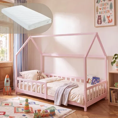 Produktbild von Hausbett ‘Hesel’ für Kinder mit Matratze und Rausfallschutz 90 x 200 cm Kiefernholz Rosa/Weiß