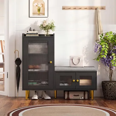 Produktbild von ProximaX Schuhbank mit Schrank 100x35x90 cm Schwarz mit Riffglastüren, Sitzpolster & Goldfüßen