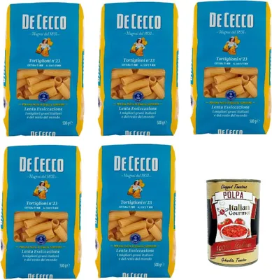 Produktbild von De Cecco Tortiglioni N°23, 100% Italienisch Pasta Nudeln 5x 500g + Italian Gourmet Polpa 400g
