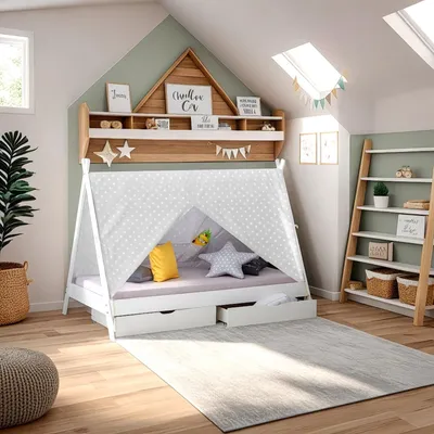 Produktbild von Homestyle4u Hausbett Kinderbett 90x200 mit Bettkasten Tipi Bett Holzbett