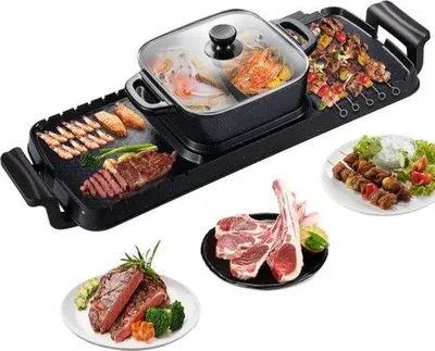 Immagine prodotto di Griglia elettrica portatile senza fumo per buongustai - Rivestimento antibatterico - Padella per grigliare e pentola riscaldante