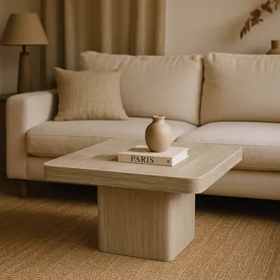 A living room scene with a couch, coffee table, and lamp.