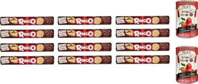Produktbild von 12x Pavesi Ringo Tubo Cacao Kekse mit Kakaocreme 165g + Italian Gourmet 100% italienische geschälte Tomaten dosen 2x 400g