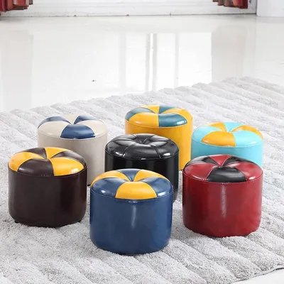 Zdjęcie produktu dla Puf podnóżek, ręcznie wykonany z ekoskóry - okrągły podnóżek z poduszką, przeznaczony dla dorosłych, niski hocker, kolor żółty