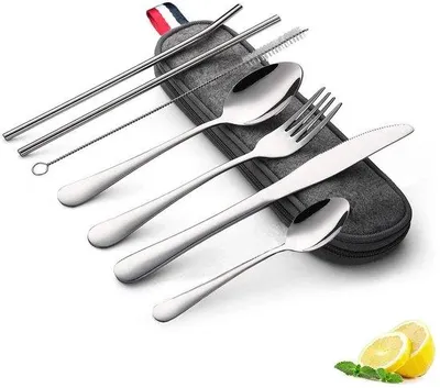 Produktbild von Unyqoos® 8‑teiliges Camping-Besteckset aus 304 Edelstahl – Messer, Gabel, Löffel, Trinkhalm, 2 Essstäbchen, Reinigungsbürste & Etui, spülmaschinenfest