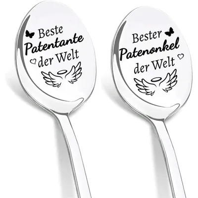 Produktbild von Kaffeelöffel 2er Set Edelstahl mit Gravur "Beste Patentante der Welt" & "Bester Patenonkel der Welt" 19 cm
